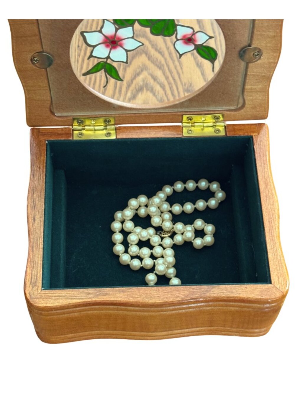 Mele Wooden Jewelry Box Green Velvet Lift Out Tray Glass Floral Lid - Picture 5 of 10